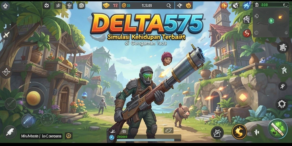 Tangkapan layar utama DELTA575 menampilkan dunia simulasi yang kaya dan interaktif.