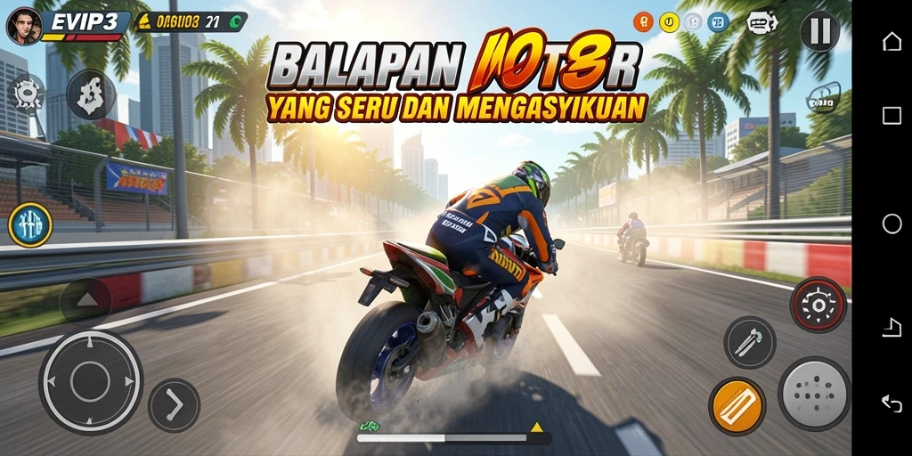 Tangkapan layar menunjukkan aksi balap motor yang seru dan mendebarkan.