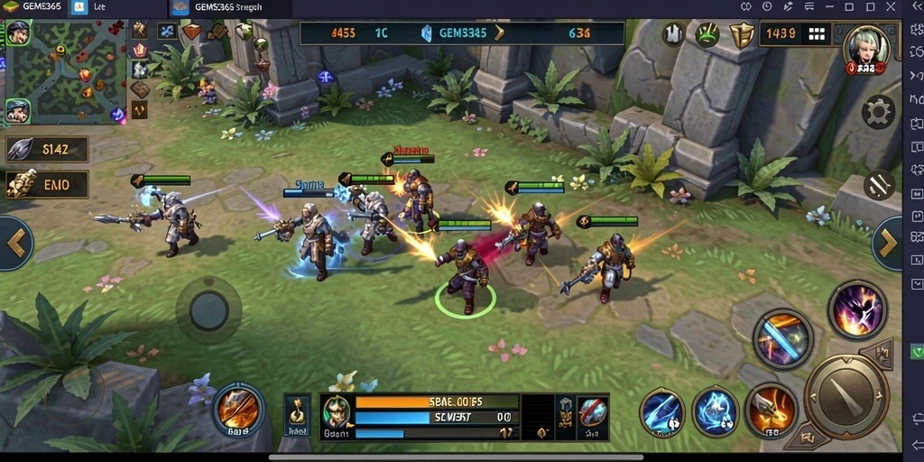 Screenshot gameplay <strong>GEMS365</strong> menunjukkan strategi membangun dan pertempuran yang intens.