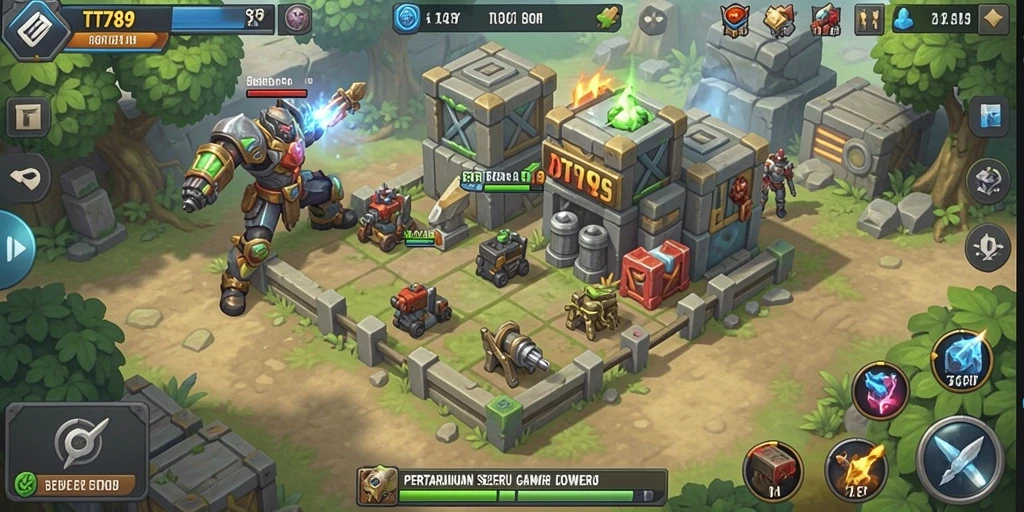 Screenshot gameplay TT789 menunjukkan menara pertahanan yang strategis dalam aksi.